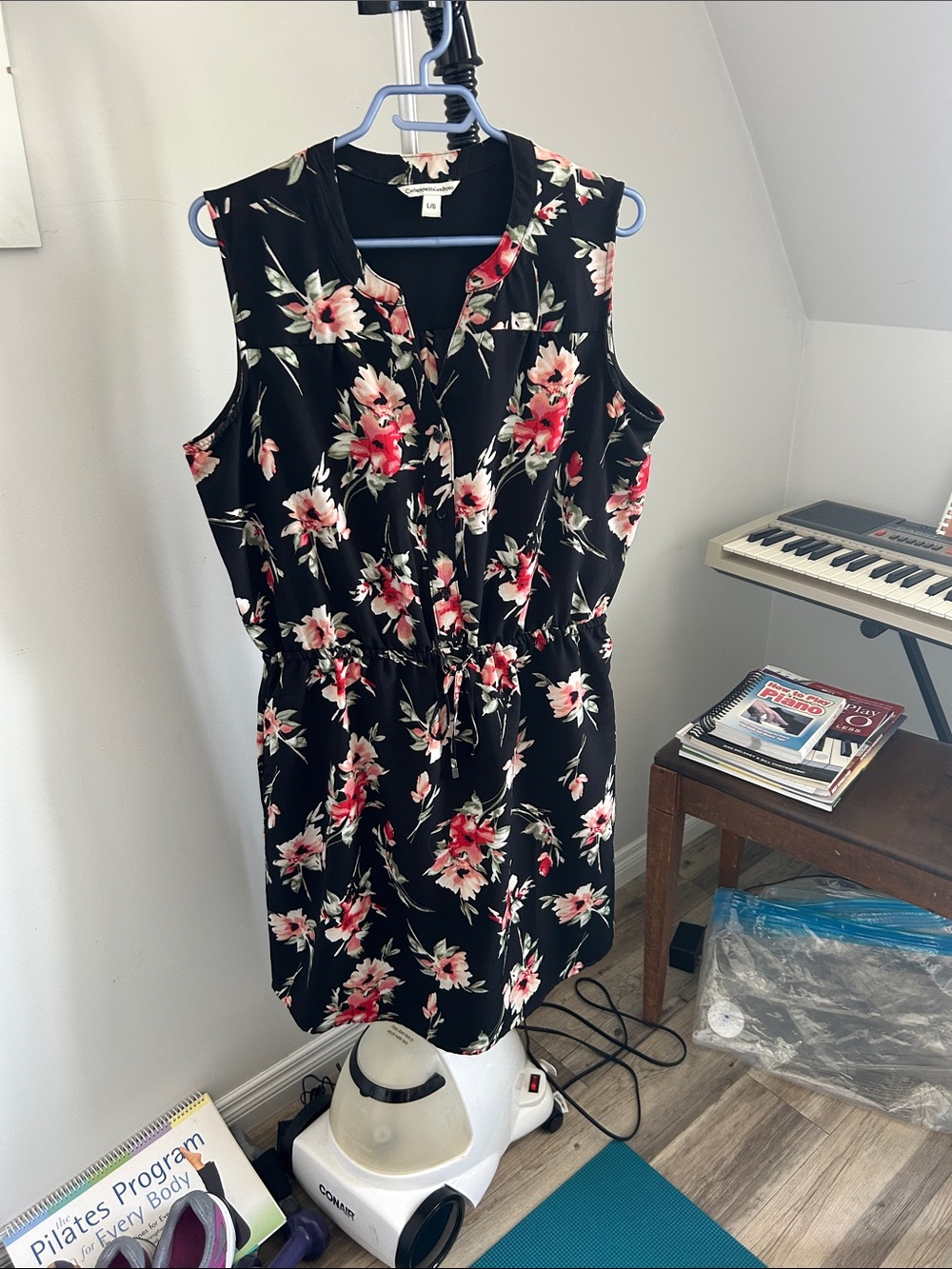 Catherine Malandrino Black Sleeveless Floral Drawstring Mini Dress